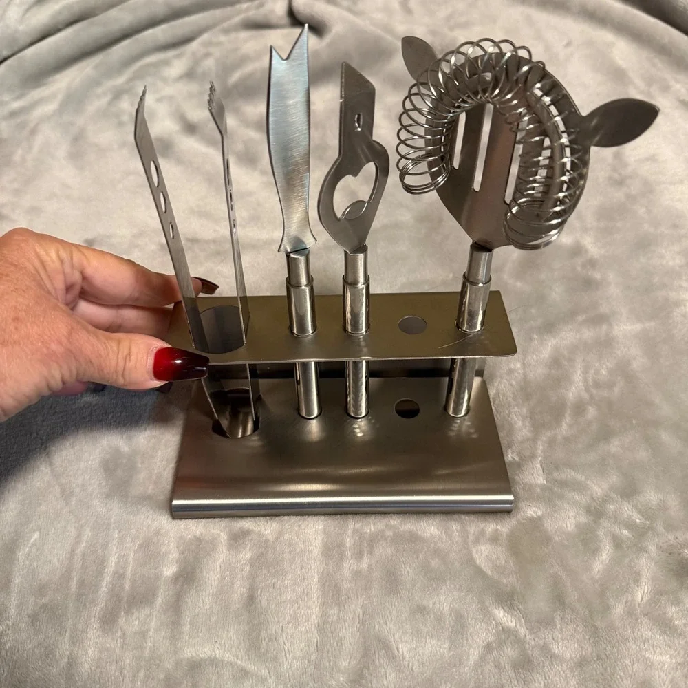 New Stainless Steel Bar‎ Tool Set w/ Stand – Strainer, Knife, Opener & Ice Tongs